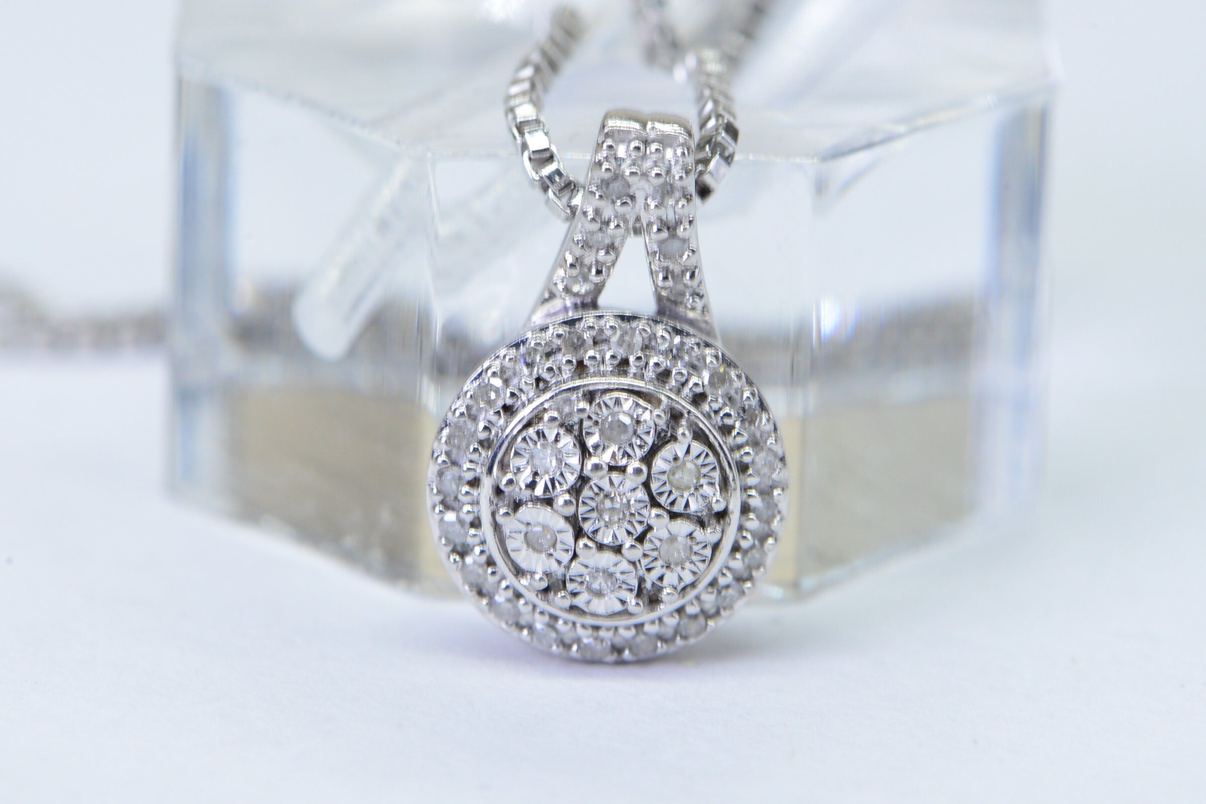 Small Diamond Cluster Pendant: Sterling Silver Estate Jewelry