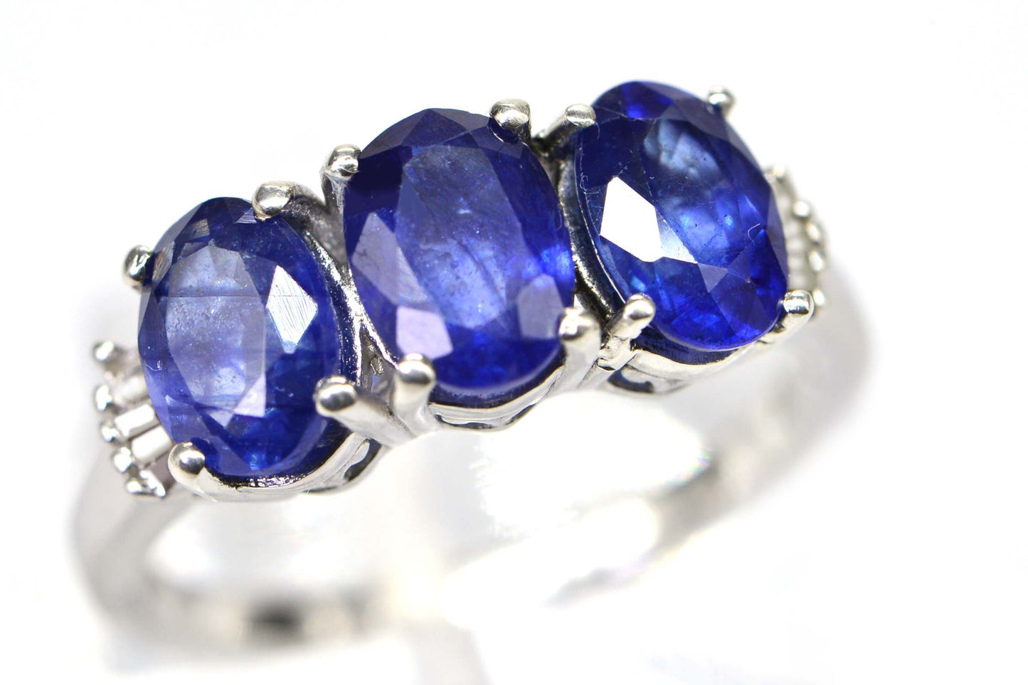 Blue Sapphire & Diamond Three Stone Ring, 14K White Gold Over Sterling Silver