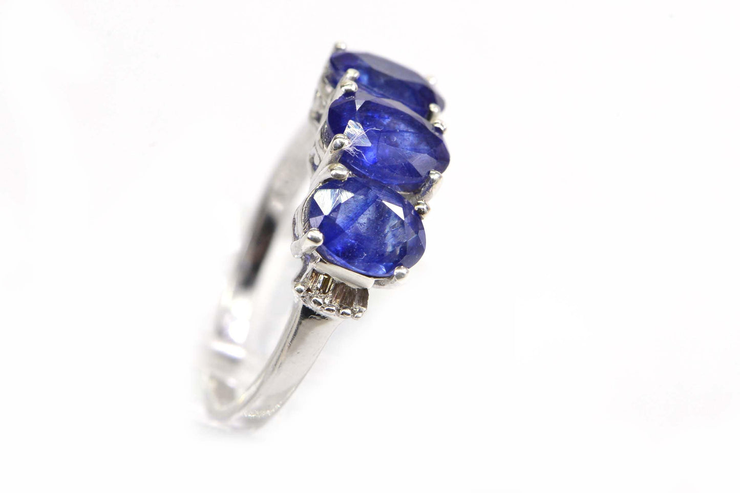 Blue Sapphire & Diamond Three Stone Ring, 14K White Gold Over Sterling Silver