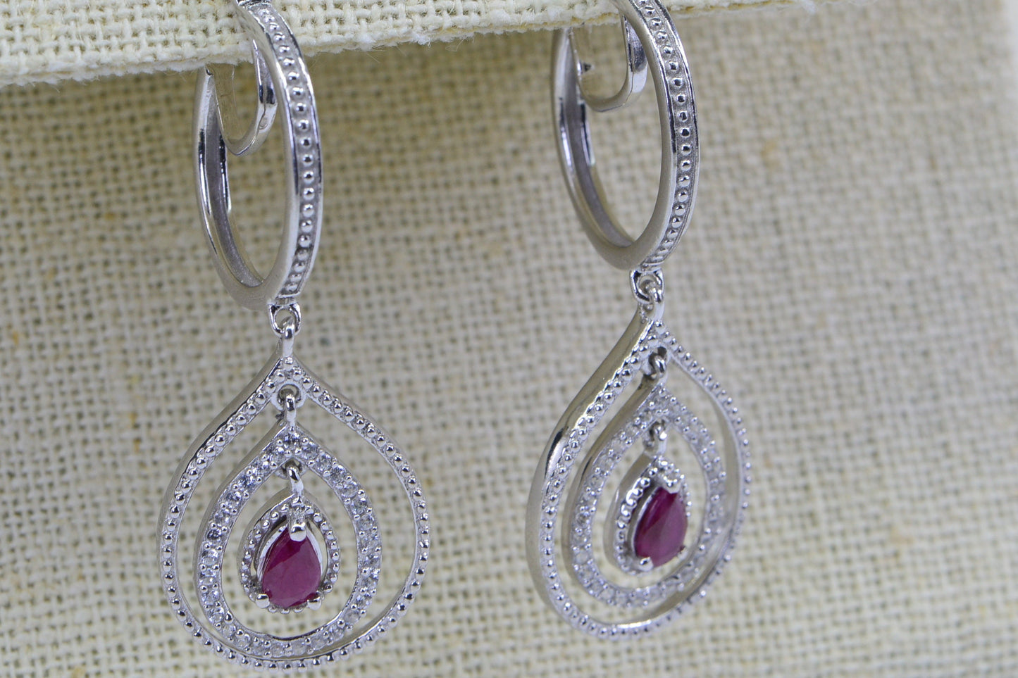 Ruby Pear Drop Hoop Earrings: Diamond Accent, Sterling Silver, July Birthstone