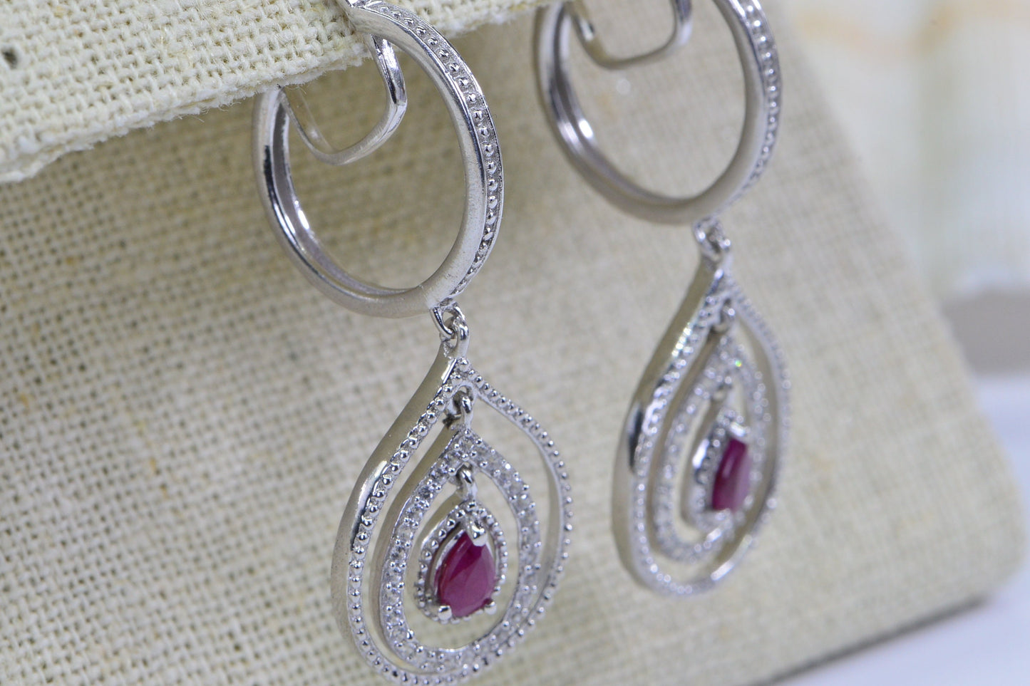 Ruby Pear Drop Hoop Earrings: Diamond Accent, Sterling Silver, July Birthstone