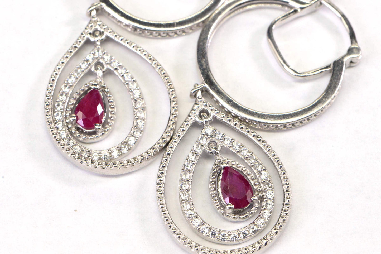 Ruby Pear Drop Hoop Earrings: Diamond Accent, Sterling Silver, July Birthstone