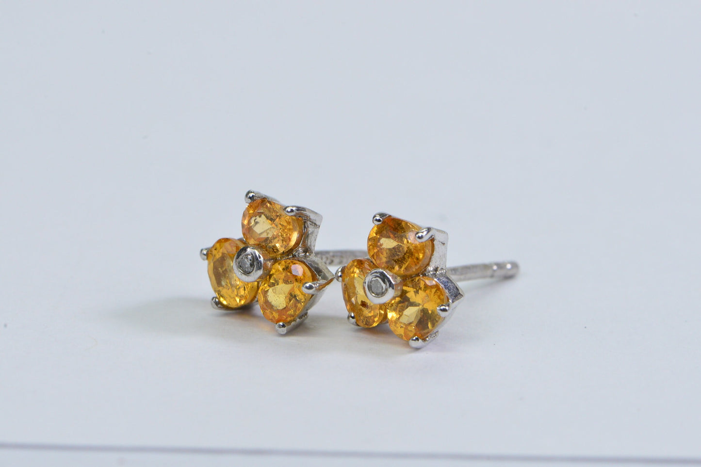 Citrine Diamond Sterling Silver Stud Earrings: Oval Facet Trio Stone