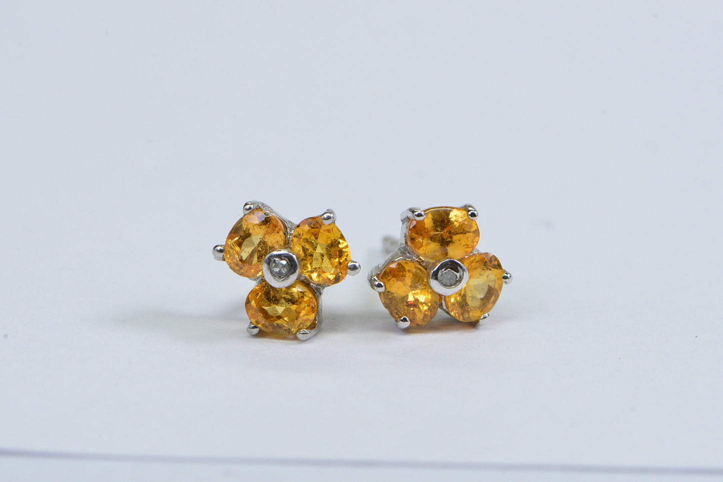 Citrine Diamond Sterling Silver Stud Earrings: Oval Facet Trio Stone