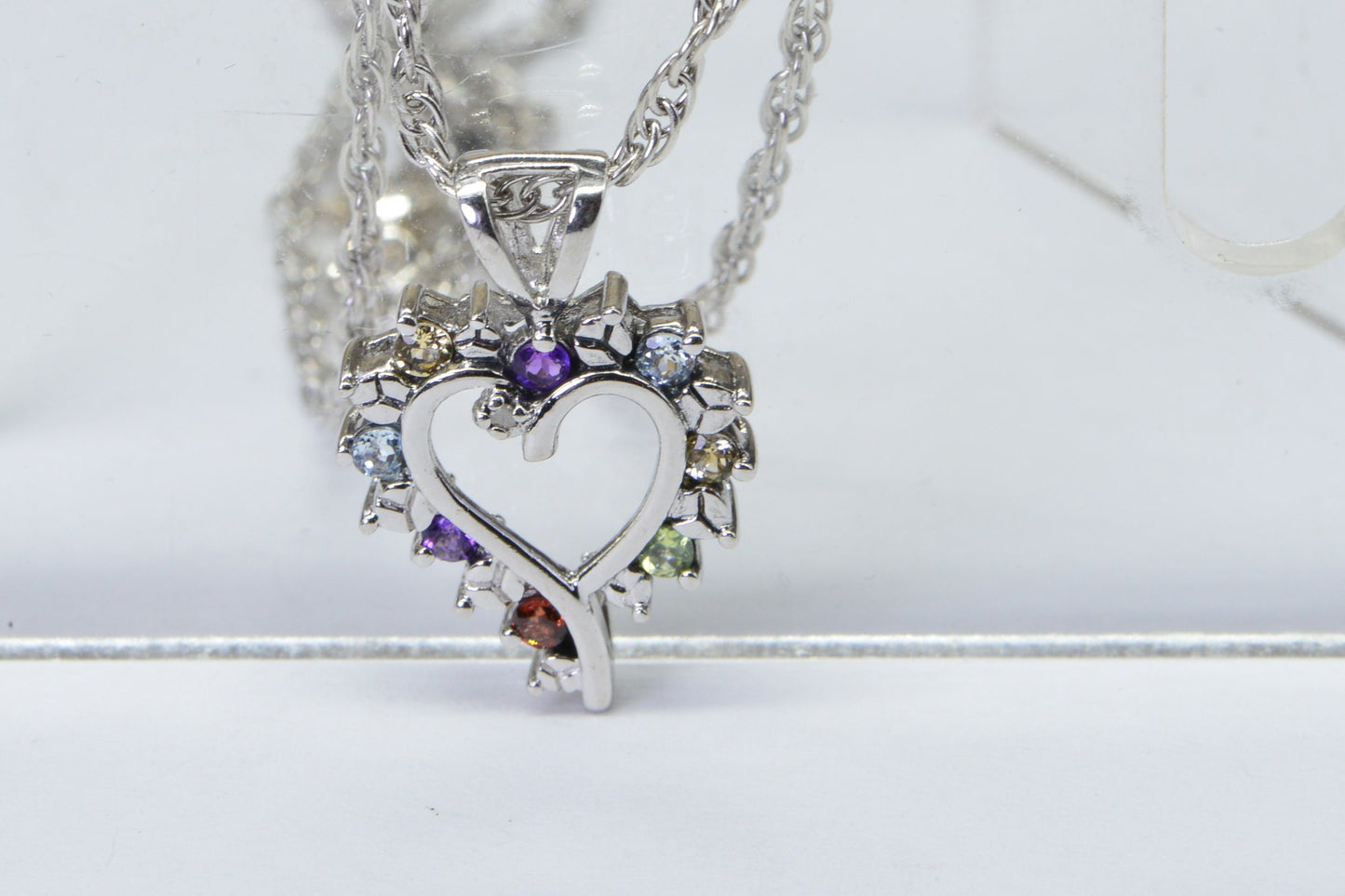 Vintage Sterling Silver Heart Pendant Necklace: Diamond, Garnet, Amethyst
