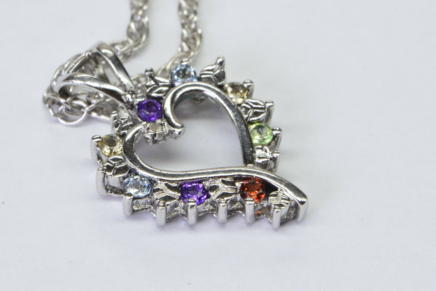 Vintage Sterling Silver Heart Pendant Necklace: Diamond, Garnet, Amethyst