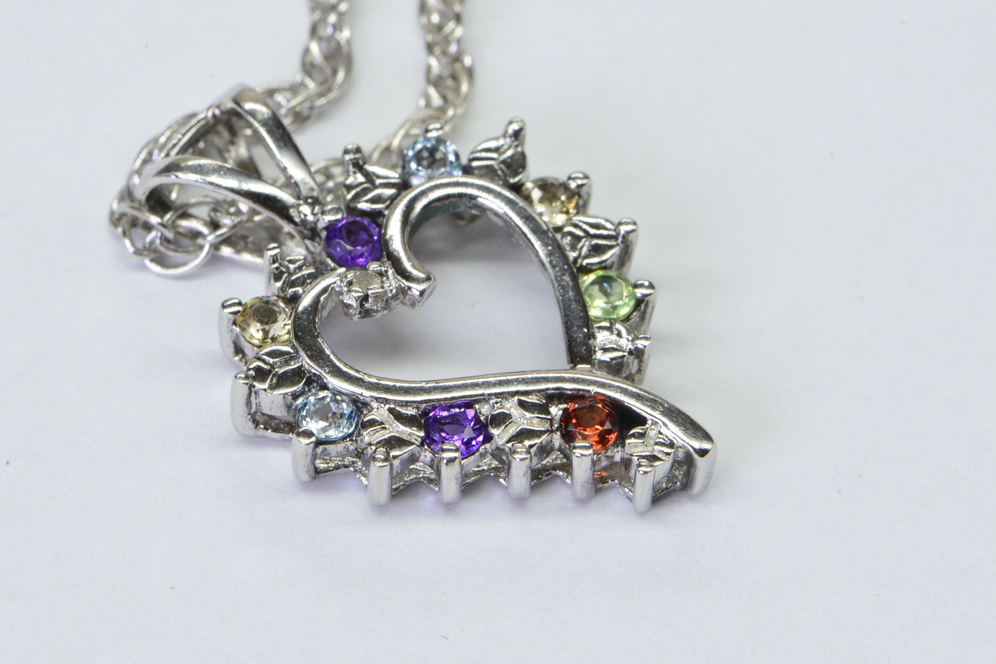 Vintage Sterling Silver Heart Pendant Necklace: Diamond, Garnet, Amethyst