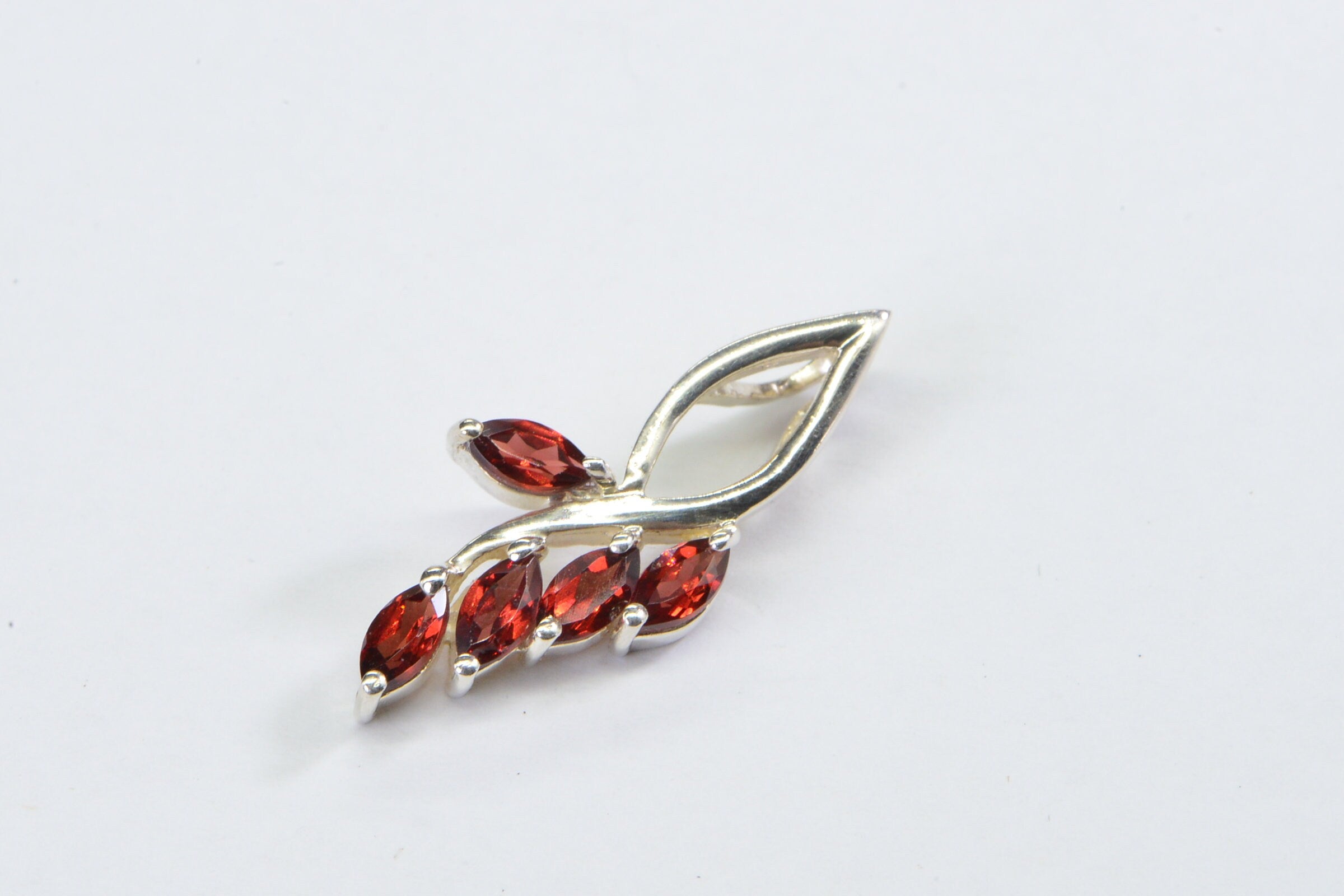 Genuine Garnet Pendant Charm  Sterling Silver Prong Set Stone Branched Marquis Cut Pendant