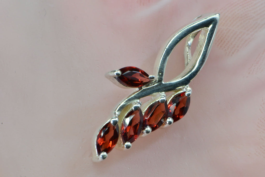 Genuine Garnet Pendant Charm  Sterling Silver Prong Set Stone Branched Marquis Cut Pendant