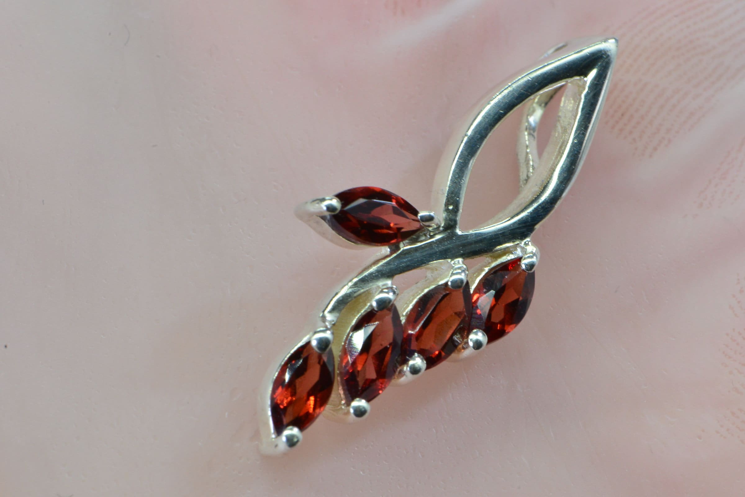 Genuine Garnet Pendant Charm  Sterling Silver Prong Set Stone Branched Marquis Cut Pendant