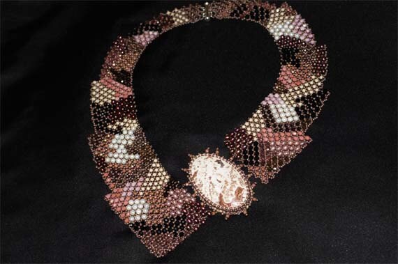 Agate Statement Necklace – Hand Cut Cabochon, Seed Bead & Pearl