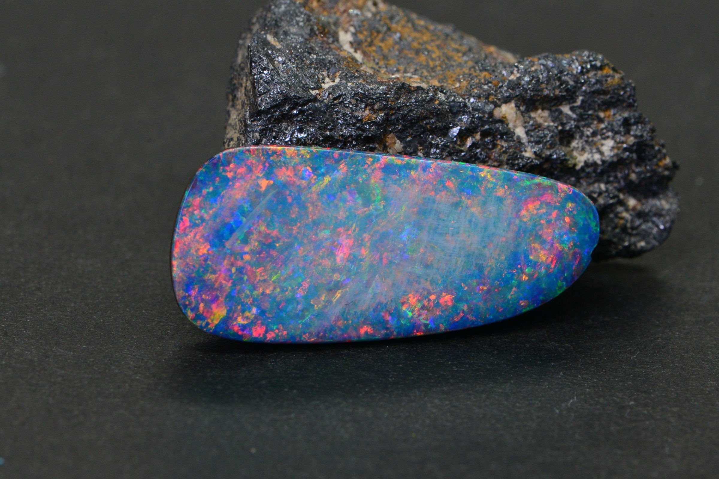 10.4 CTS  Australian Black Opal  Freeform Cabochon Metalic Rainbow Boulder Opal