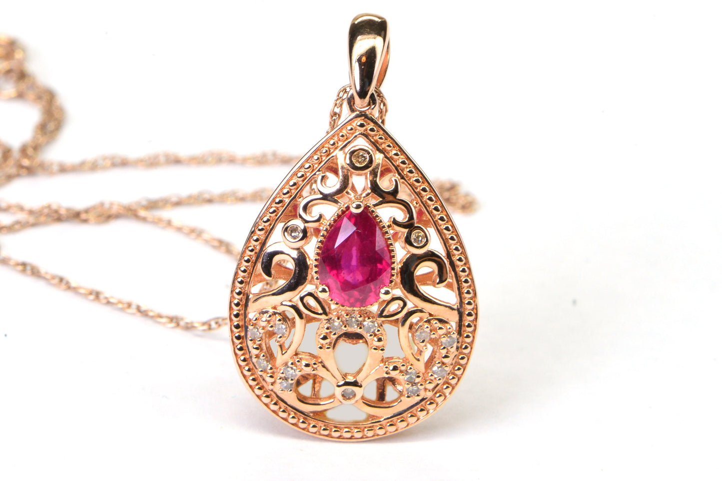 Ruby Diamond Rose Gold Necklace, Filigree Teardrop Pendant