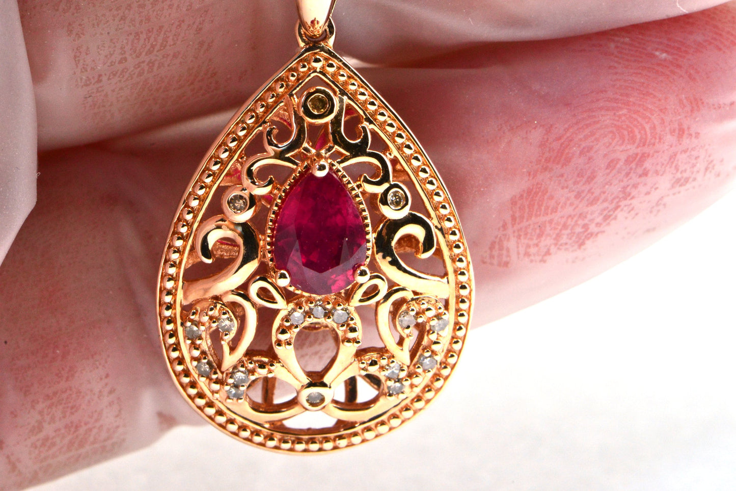 Ruby Diamond Rose Gold Necklace, Filigree Teardrop Pendant