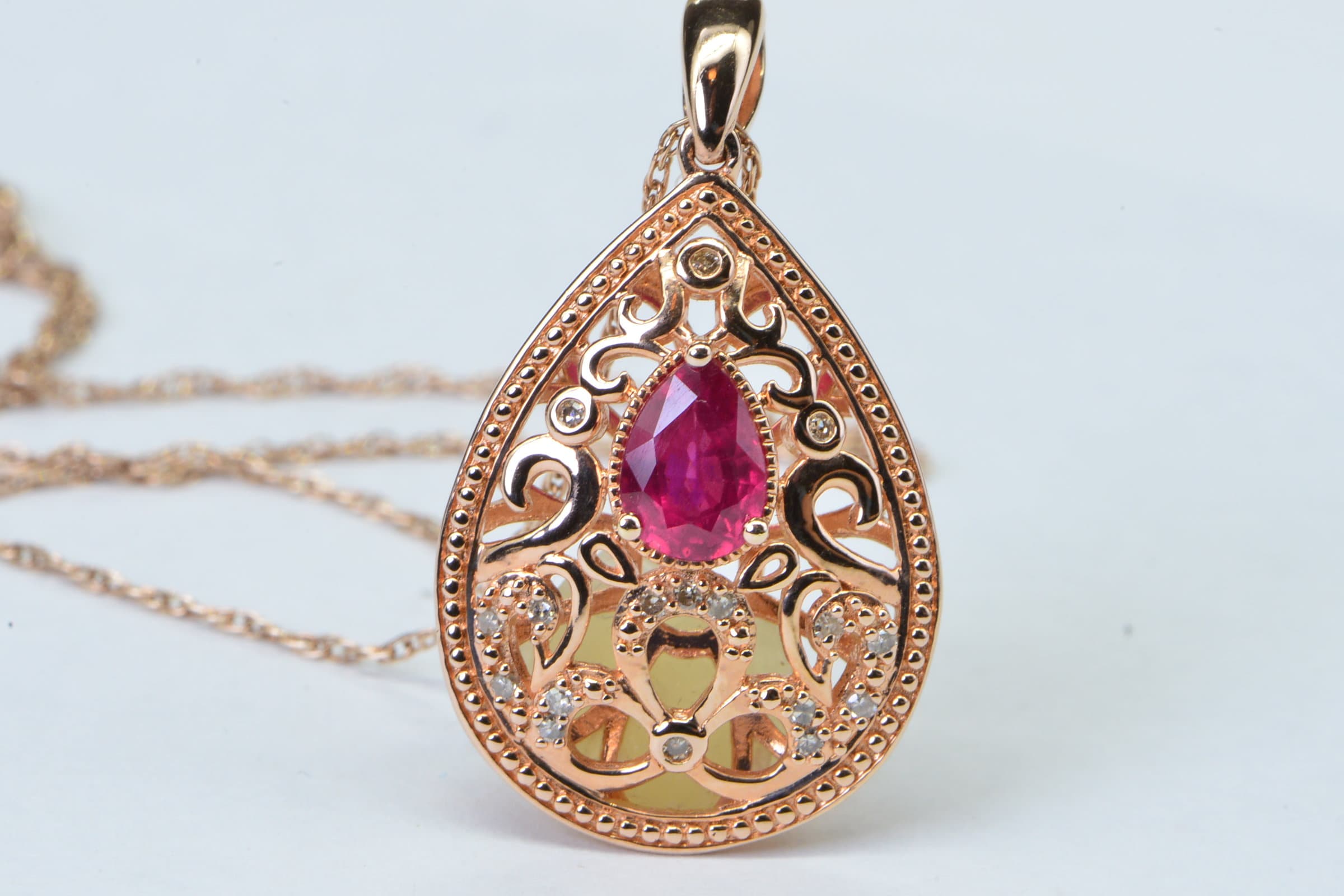 Real Diamond and Ruby Filigree Flower Design Pendant Teardrop Rose Gold Vermeil Necklace Pendant