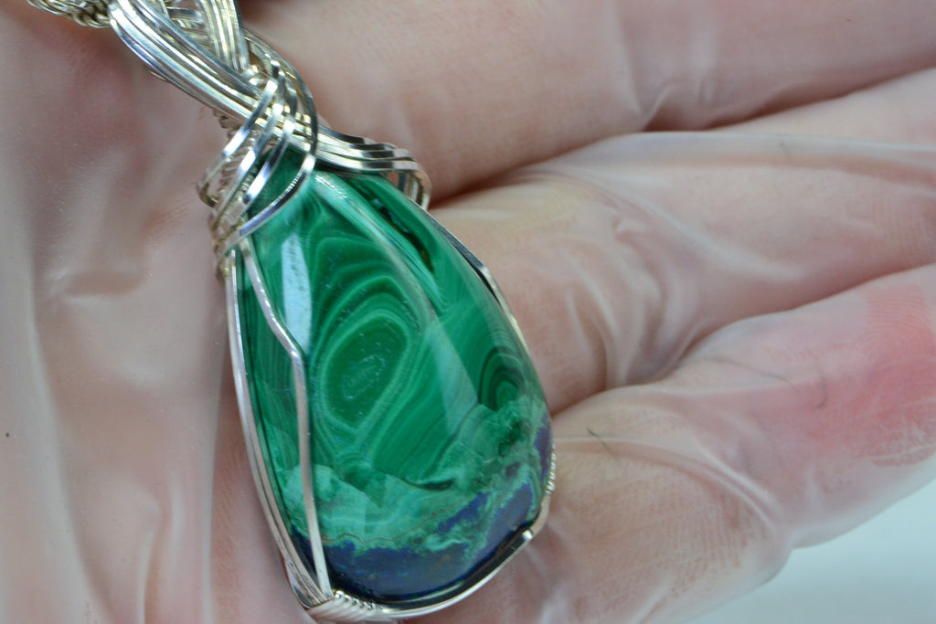 Azurite Malachite Cabochon Wire Wrapped Pendant Sterling silver Large Natural Gemstone AAA