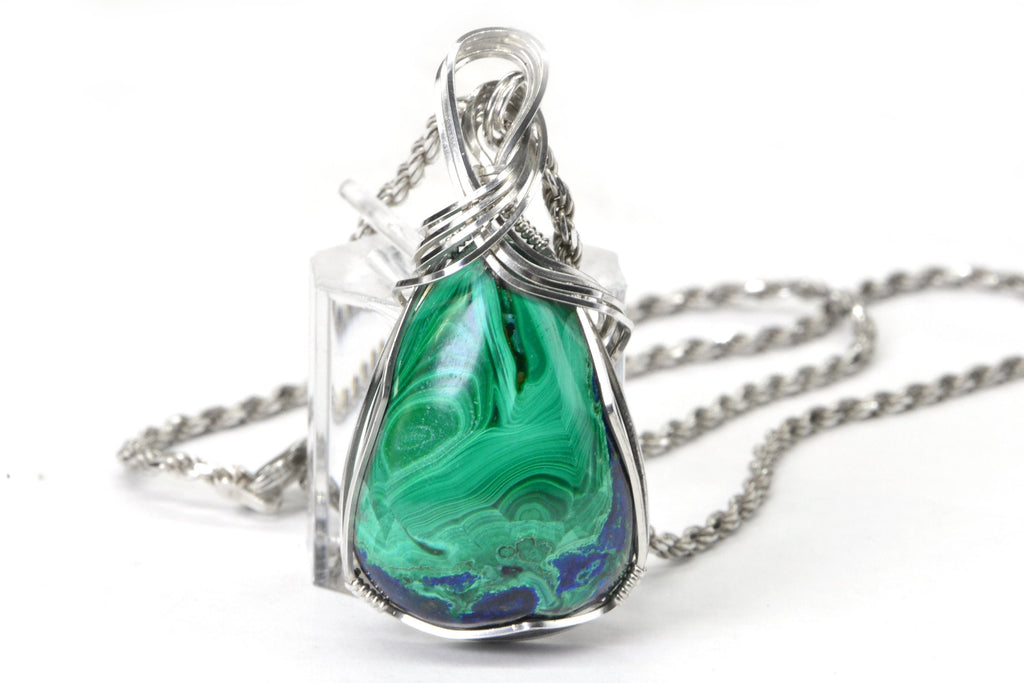 Azurite Malachite Cabochon Wire Wrapped Pendant Sterling silver Large Natural Gemstone AAA