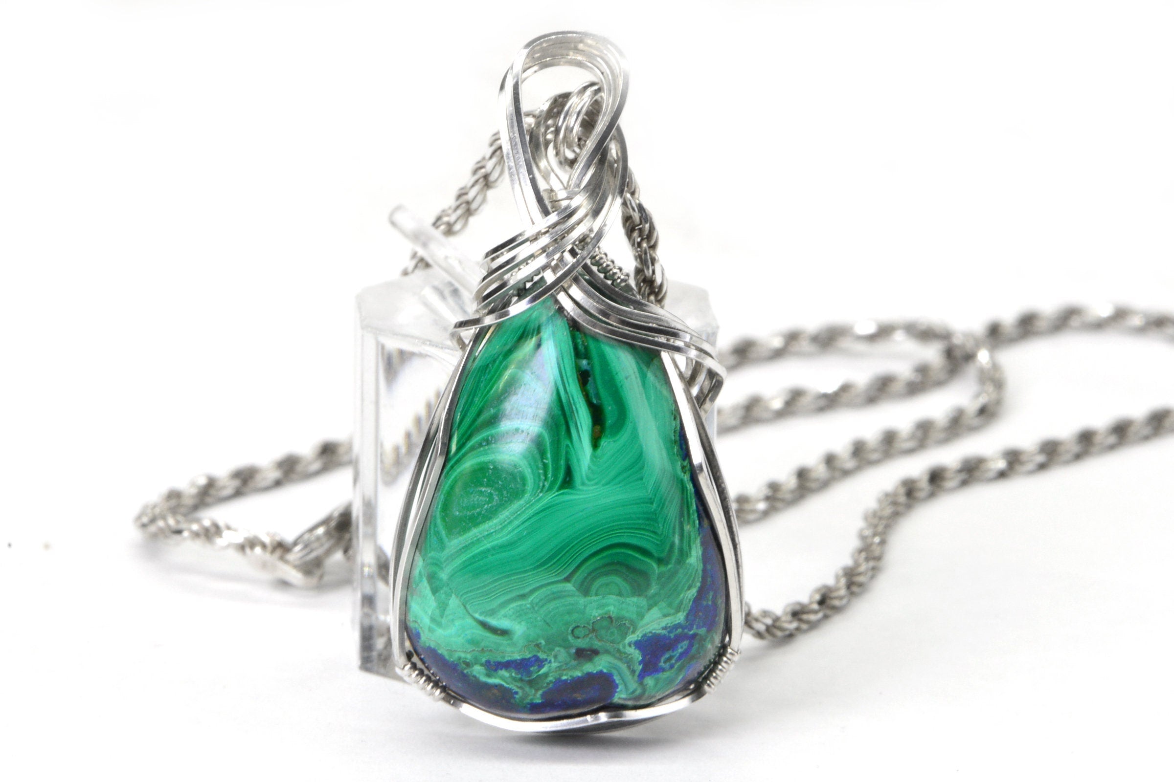 Azurite Malachite Cabochon Wire Wrapped Pendant Sterling silver Large Natural Gemstone AAA