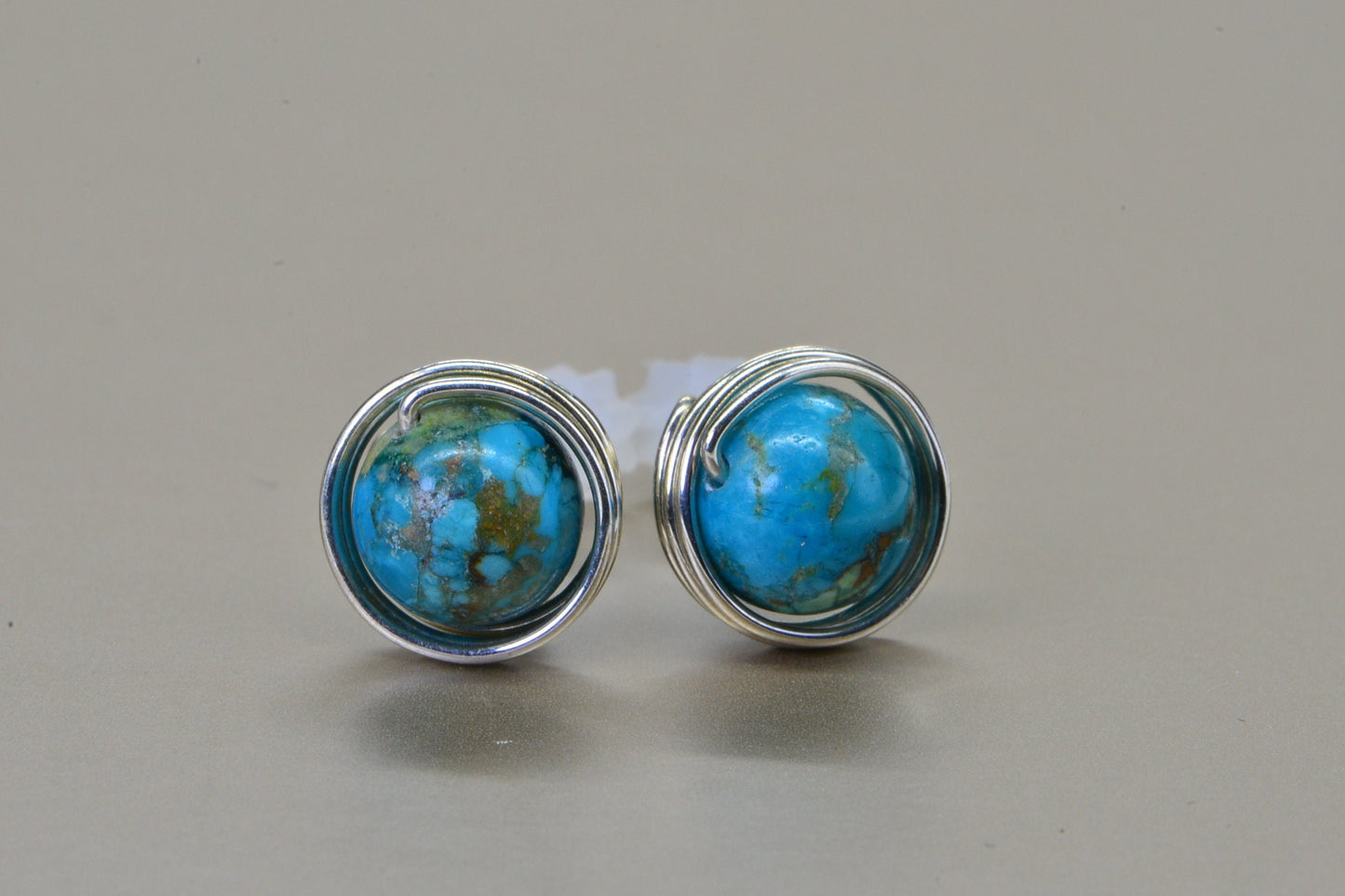 Kingman Turquoise Earrings: Sterling Silver Wire Wrapped Studs