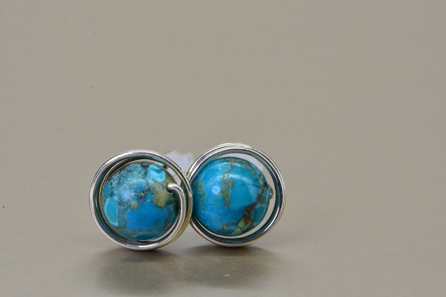 Kingman Turquoise Earrings: Sterling Silver Wire Wrapped Studs
