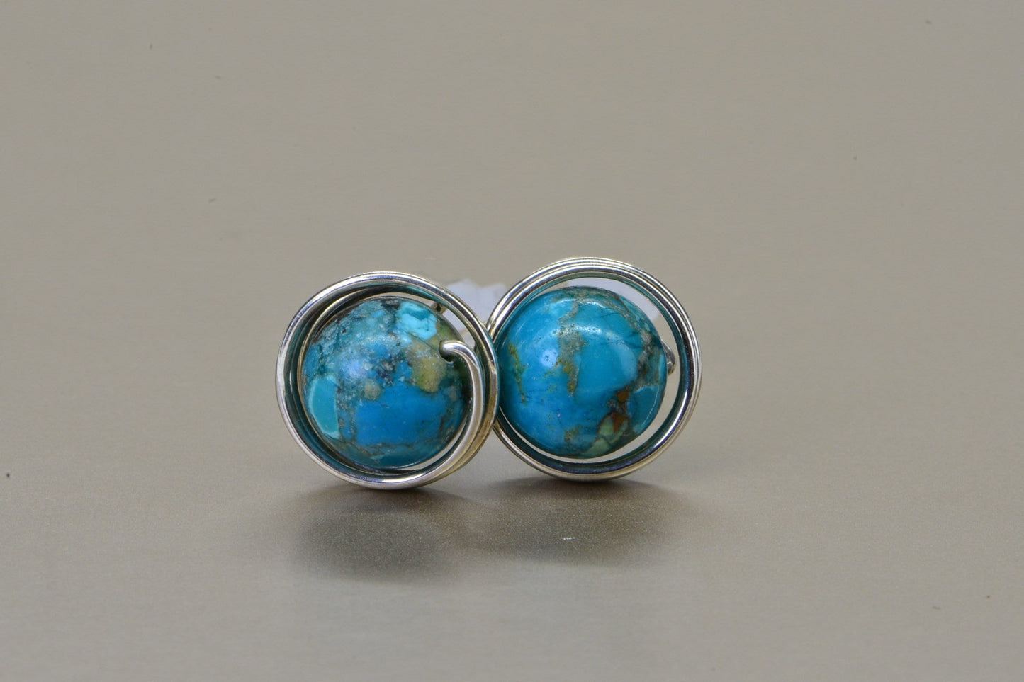 Kingman Turquoise Earrings: Sterling Silver Wire Wrapped Studs