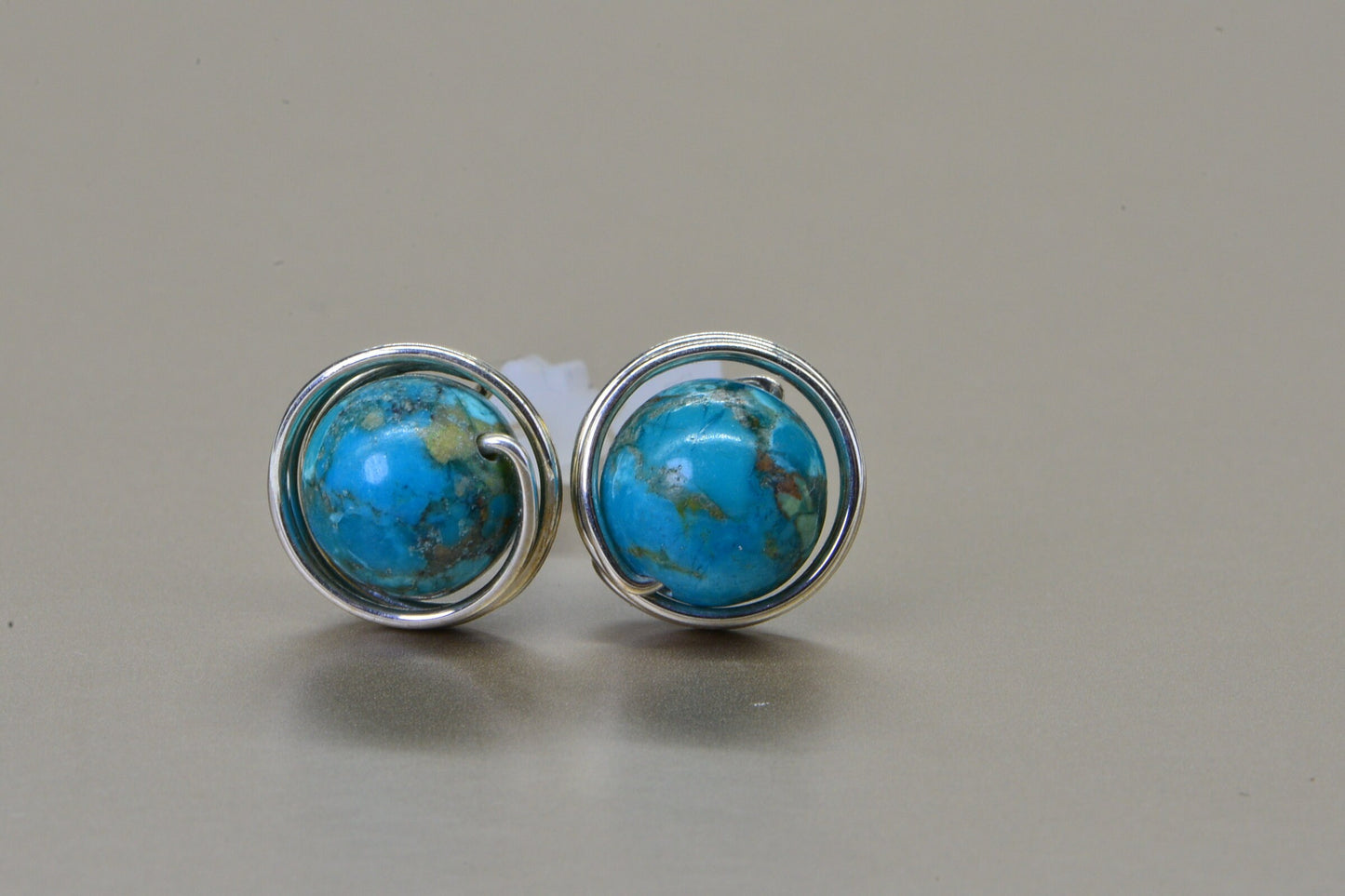 Kingman Turquoise Earrings: Sterling Silver Wire Wrapped Studs