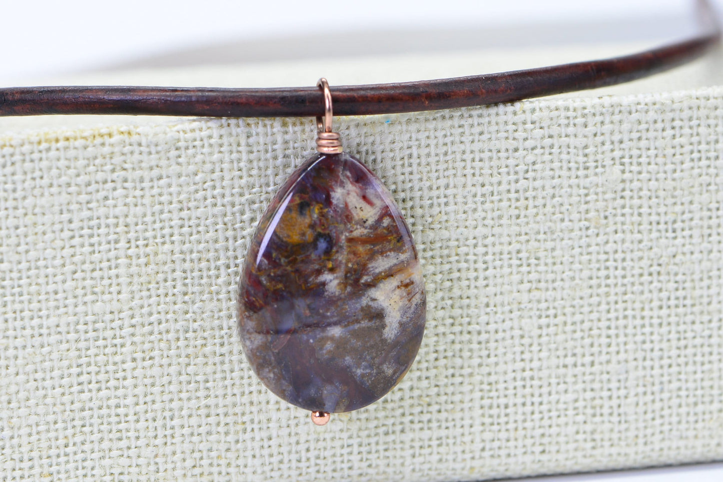 Pietersite Teardrop Pendant Leather Necklace Copper Jewelry Gemstone Necklace