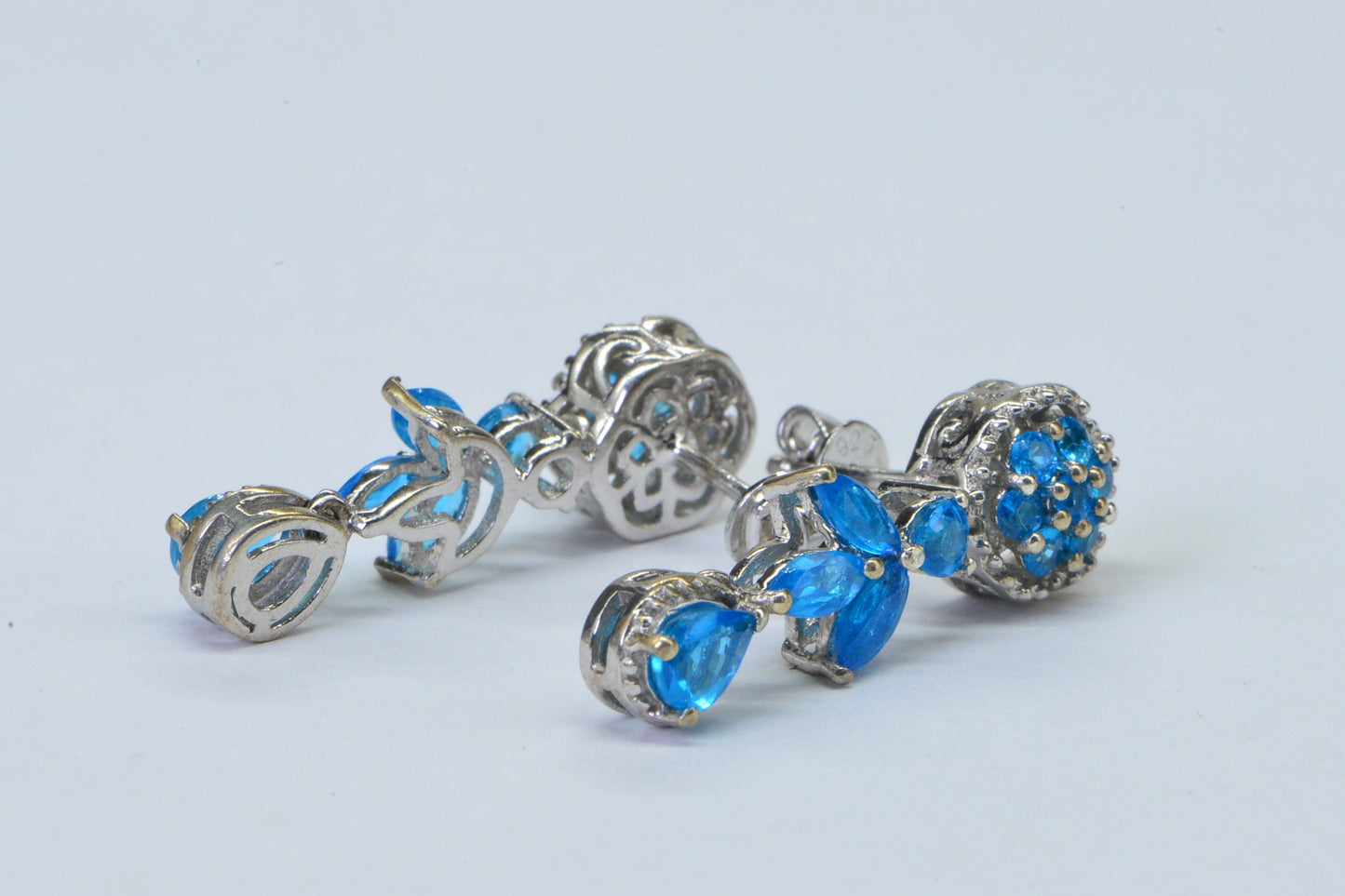 Apatite Teardrop Earrings, Platinum Over Sterling Silver Flower Studs