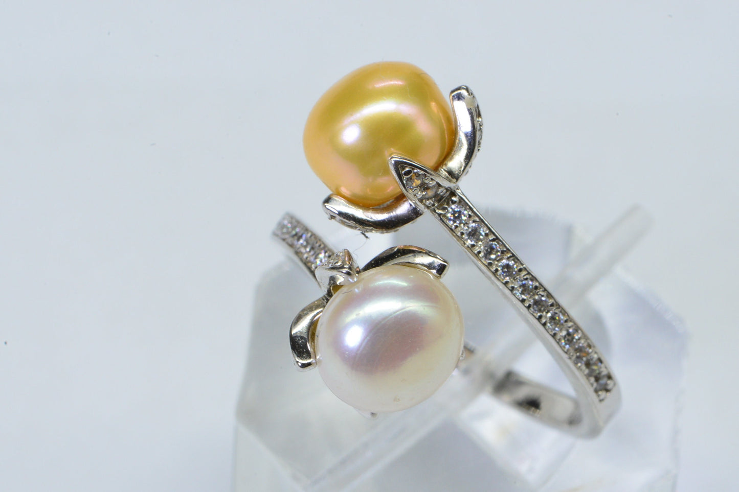 South Sea Pearl Ring: Sterling Silver CZ Halo, Adjustable Band