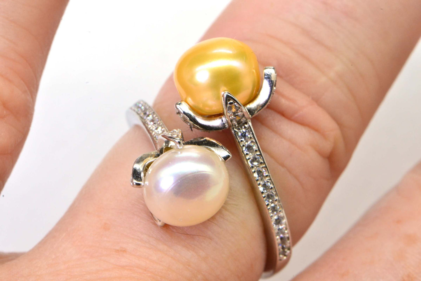 South Sea Pearl Ring: Sterling Silver CZ Halo, Adjustable Band