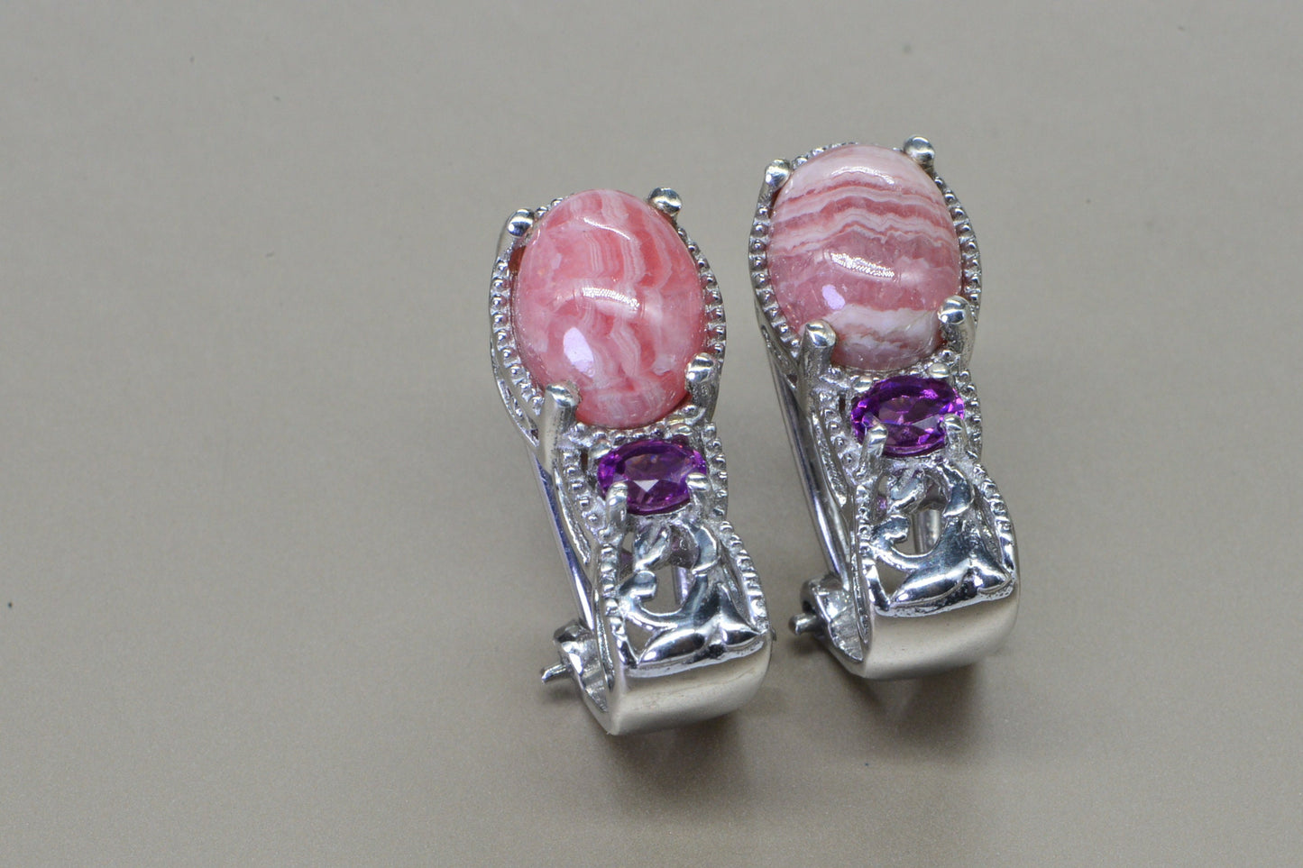 Rhodochrosite and  Rhodolite Garnet Carved flower Omega Loop Back  Earrings Oval Hot Pink Gemstone