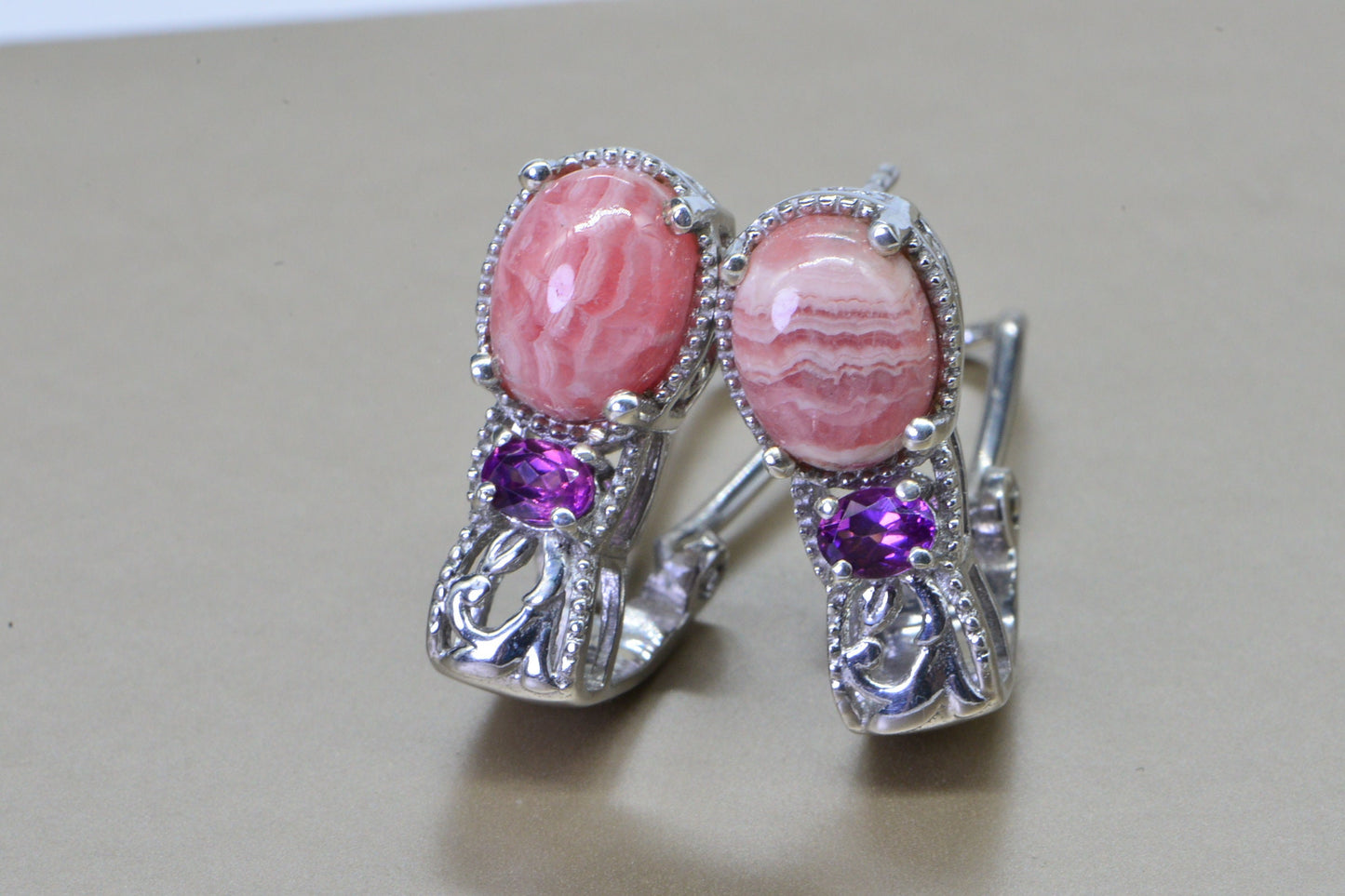 Rhodochrosite and  Rhodolite Garnet Carved flower Omega Loop Back  Earrings Oval Hot Pink Gemstone