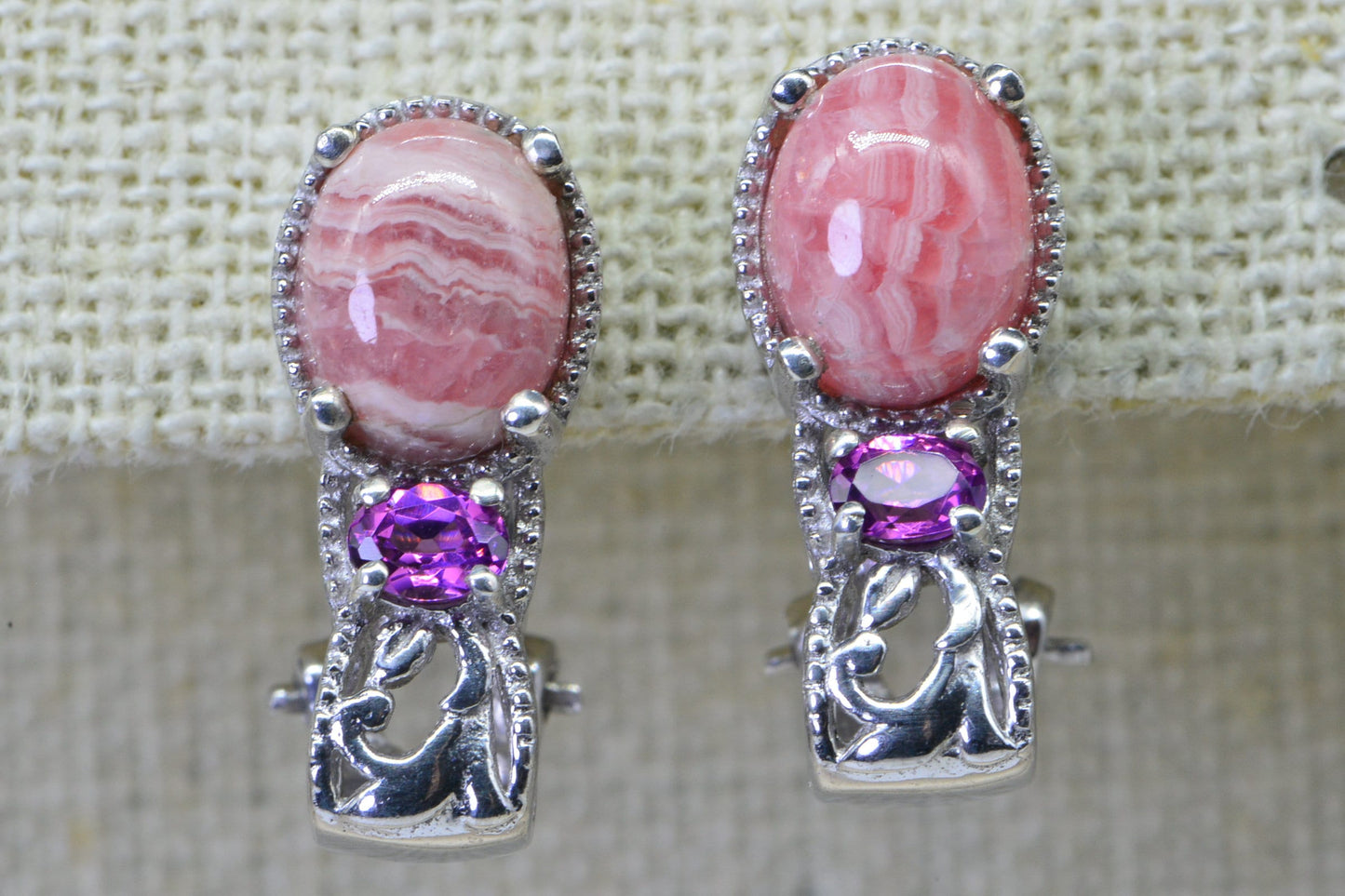 Rhodochrosite and  Rhodolite Garnet Carved flower Omega Loop Back  Earrings Oval Hot Pink Gemstone