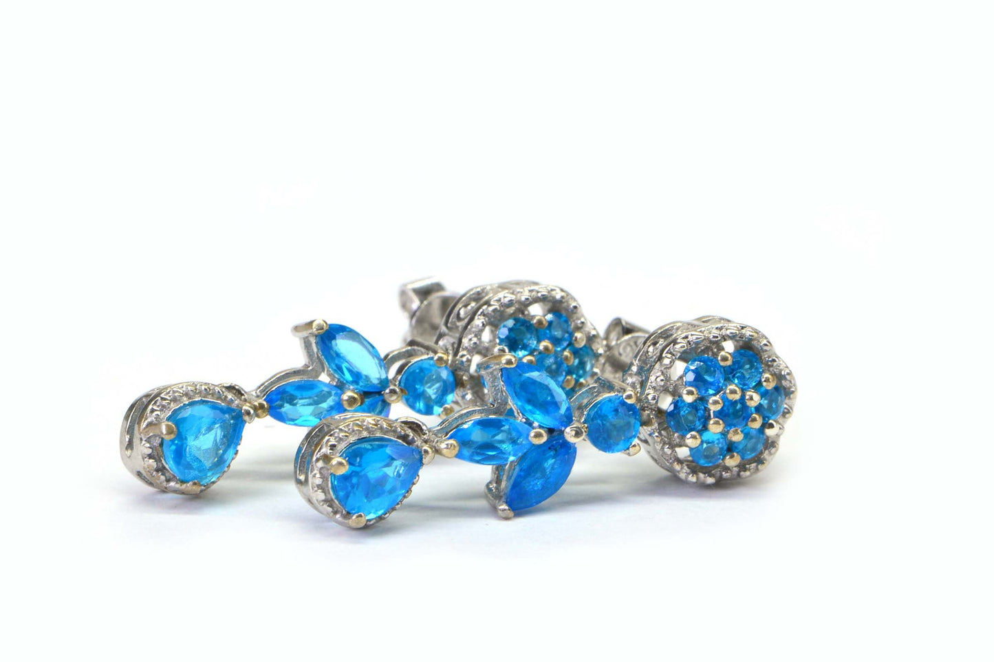 Apatite Teardrop Earrings, Platinum Over Sterling Silver Flower Studs