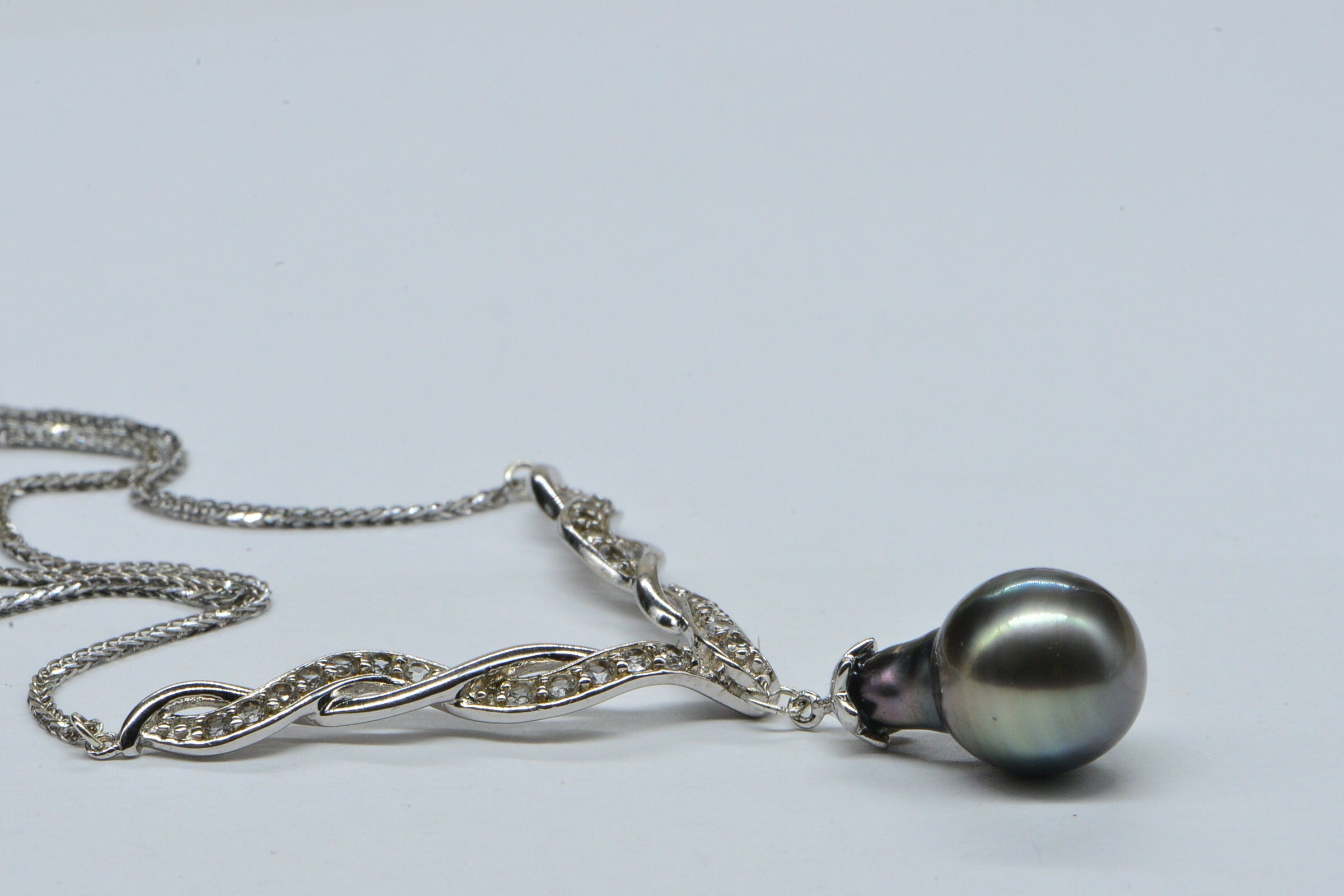 Black Akoya Pearl Necklace: Sterling Silver CZ Diamond Pendant