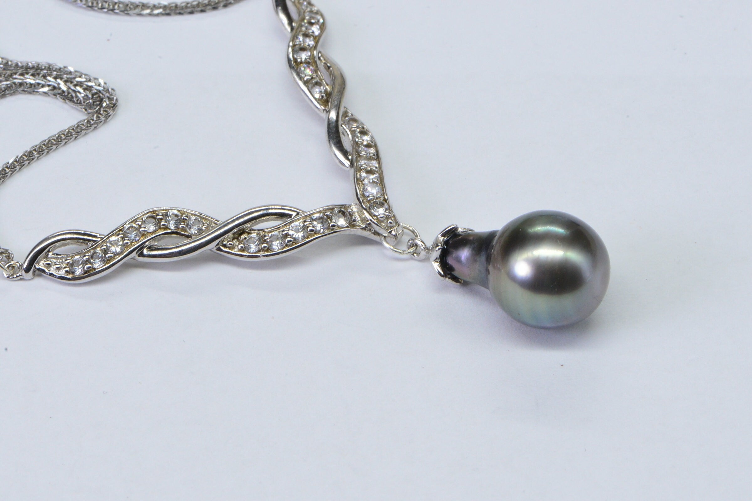 Black Akoya Pearl Necklace: Sterling Silver CZ Diamond Pendant