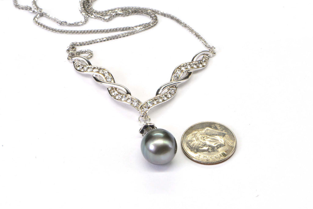 Black Akoya Pearl Necklace: Sterling Silver CZ Diamond Pendant
