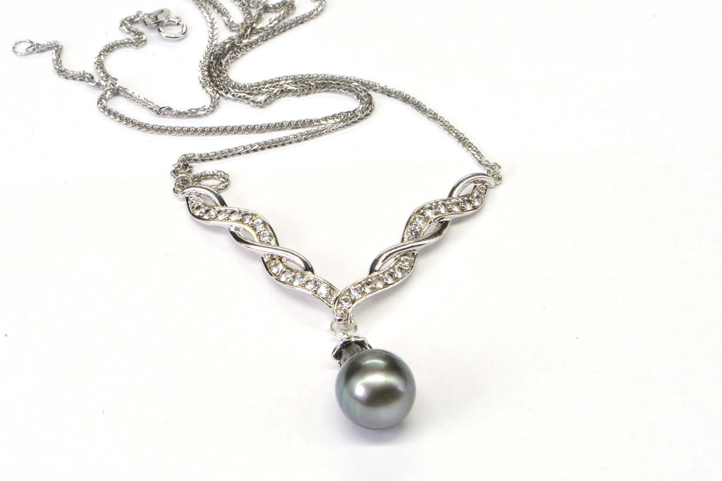 Black Akoya Pearl Necklace: Sterling Silver CZ Diamond Pendant