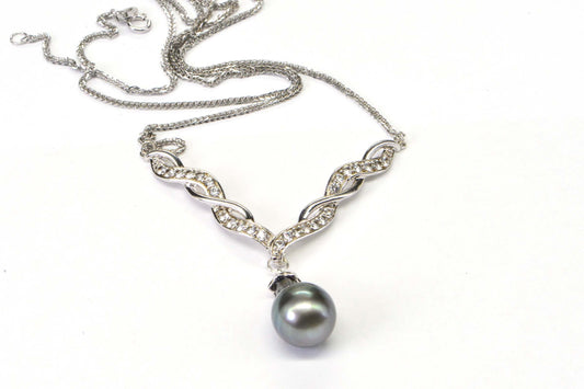 Black Akoya Pearl Necklace: Sterling Silver CZ Diamond Pendant