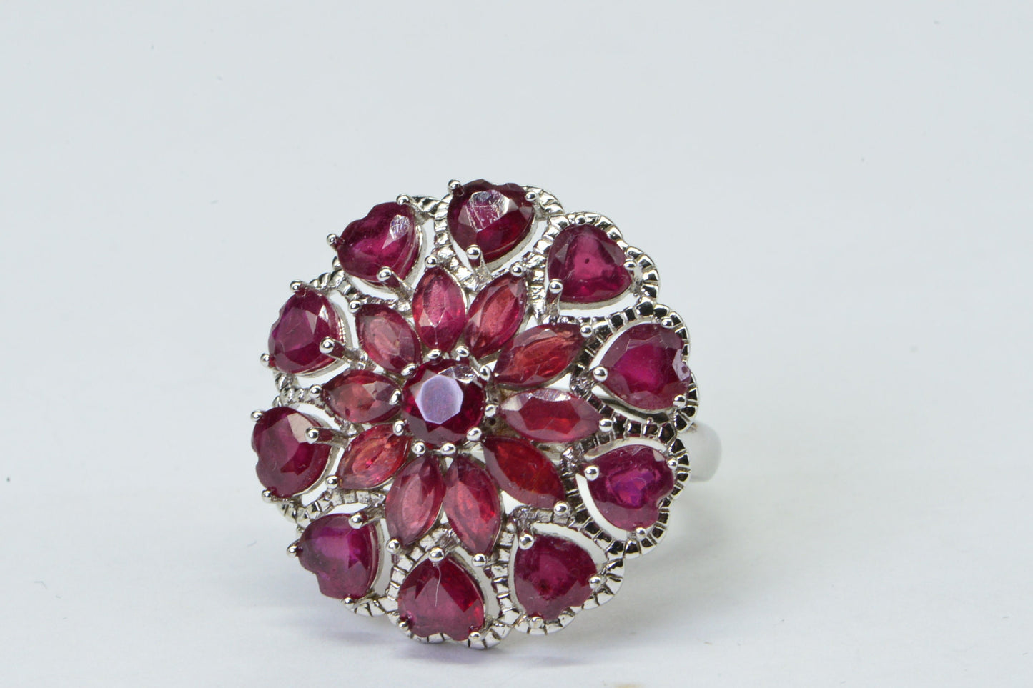 Natural Ruby Large Flower Design Sterling Silver Cocktail Ring  9 size