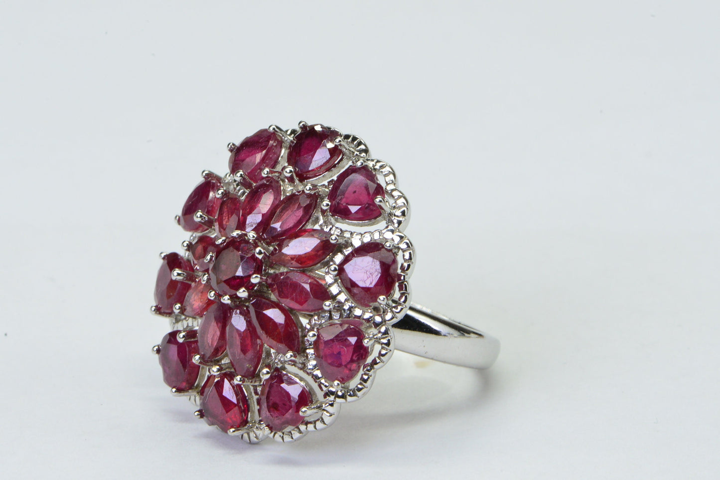 Natural Ruby Large Flower Design Sterling Silver Cocktail Ring  9 size