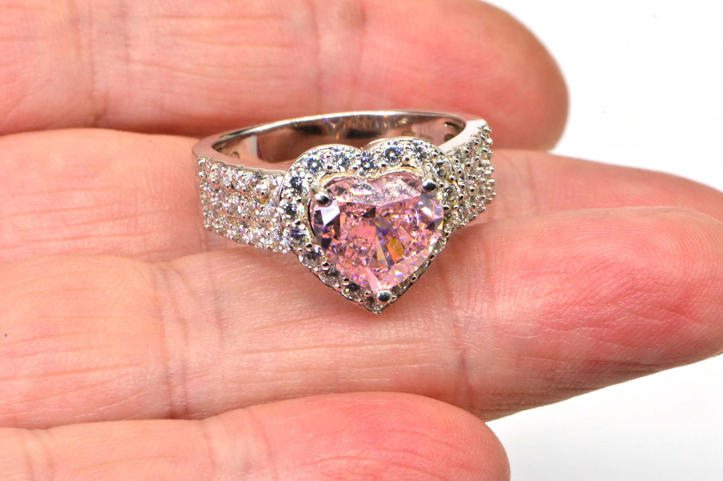 Sakura Pink Heart Ring: Sterling Silver Halo Ring, CZ Diamond Cut