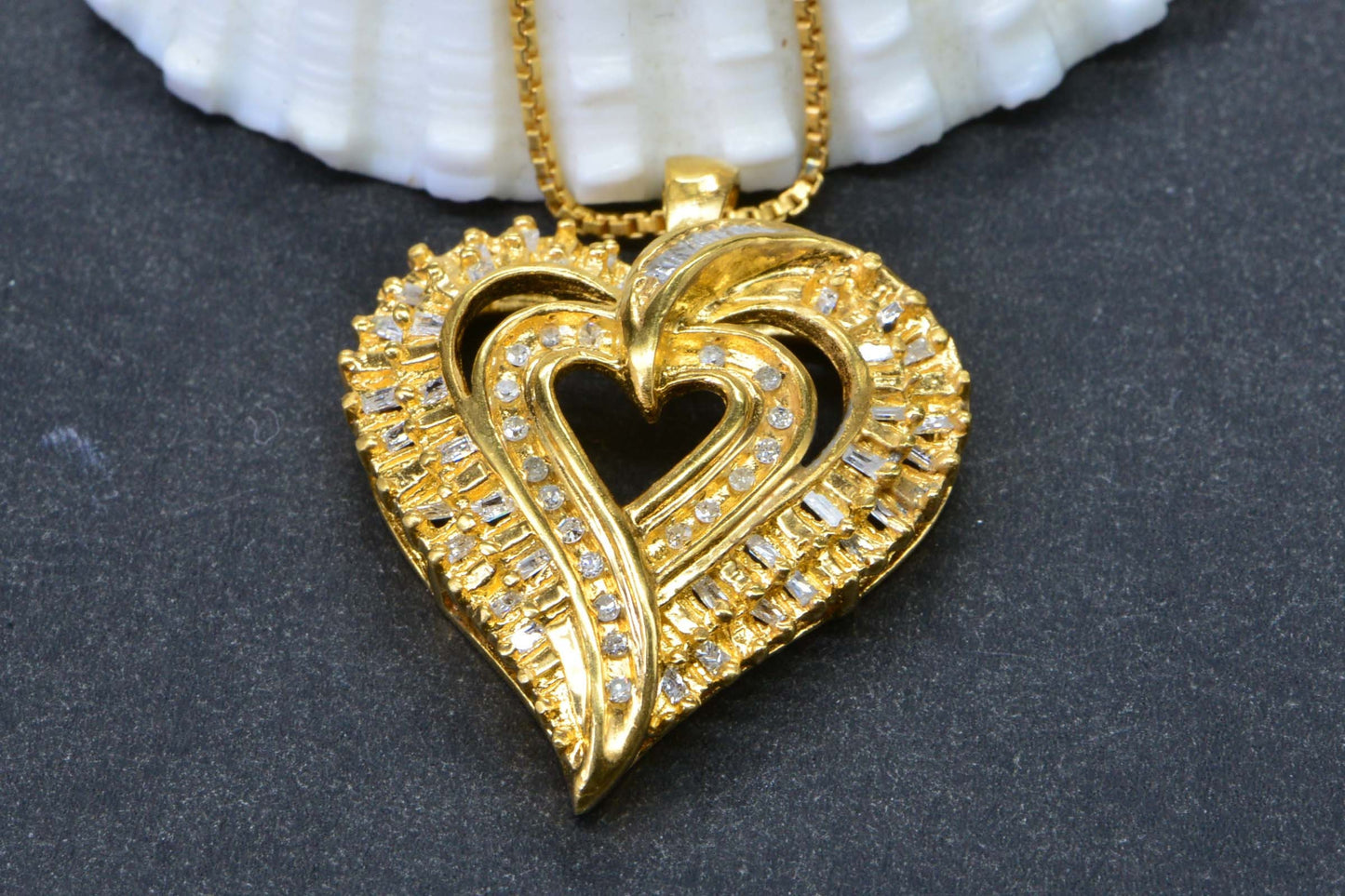 24K Gold Baguette Diamond Heart Pendant - Vintage Sterling Silver