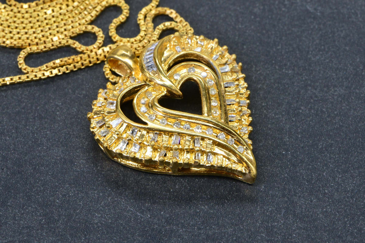 24K Gold Baguette Diamond Heart Pendant - Vintage Sterling Silver
