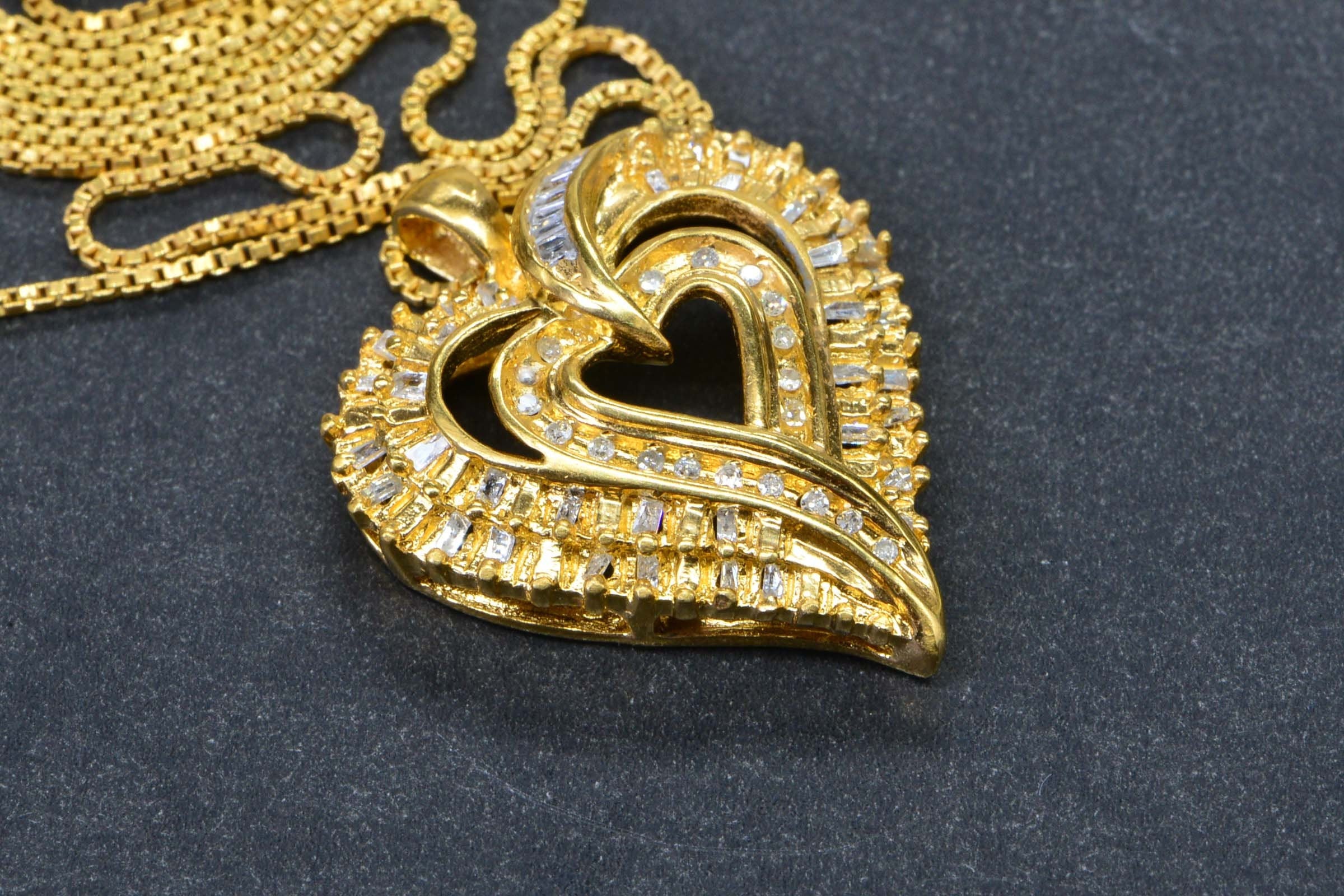 24K Gold Baguette Diamond Heart Pendant - Vintage Sterling Silver