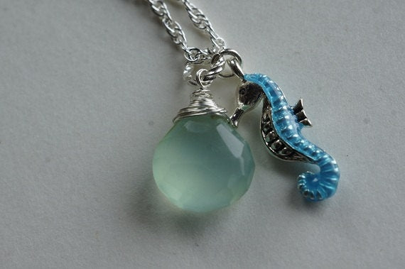 Small Pendant Necklace, Sterling Silver Necklace, Wire Wrap Necklace Seahorse Necklace  Blue Chalcedony Pendant