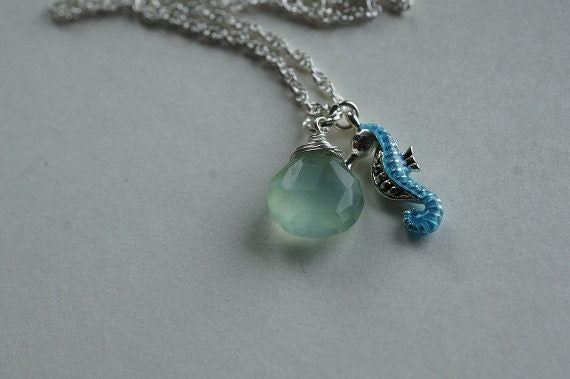 Small Pendant Necklace, Sterling Silver Necklace, Wire Wrap Necklace Seahorse Necklace  Blue Chalcedony Pendant