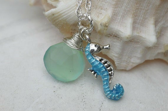 Small Pendant Necklace, Sterling Silver Necklace, Wire Wrap Necklace Seahorse Necklace  Blue Chalcedony Pendant