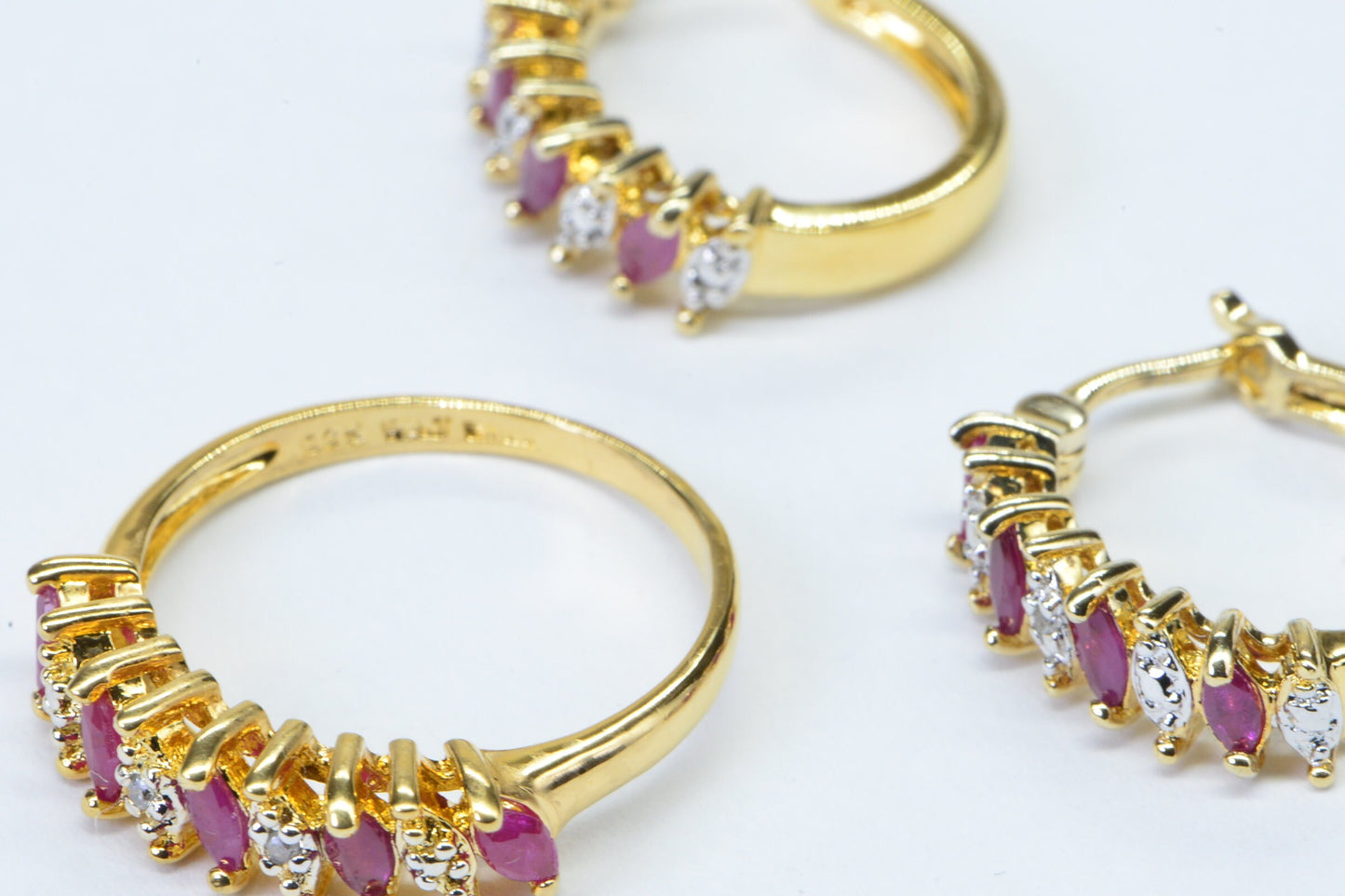 Genuine Ruby Marquis Earrings and Ring Set 24K Yellow Gold