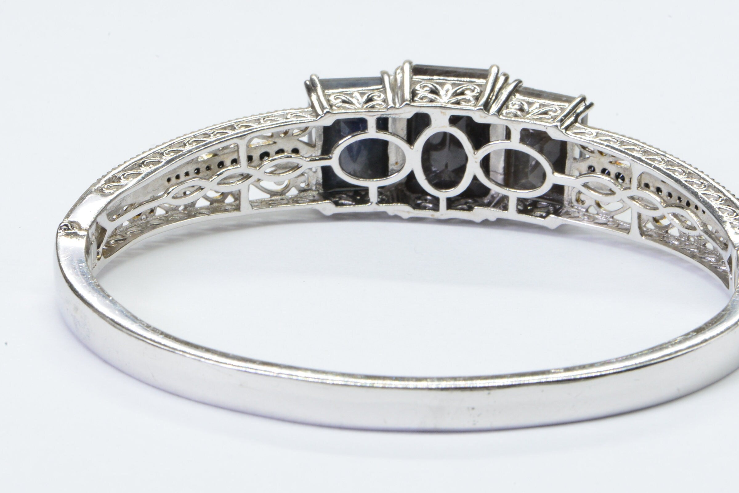 Silver Filigree Bangle Bracelet: Sapphire & Black Spinel, Vintage Style